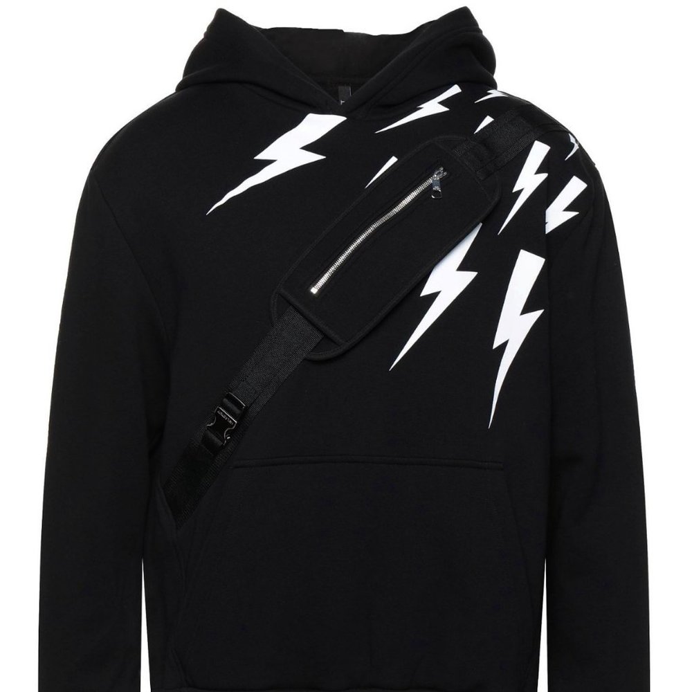 *NEIL BARRETT BLACK LIGHTNING BOLTS APPLIQUED PRINTED COTTON FLEECE HOODIE LG*